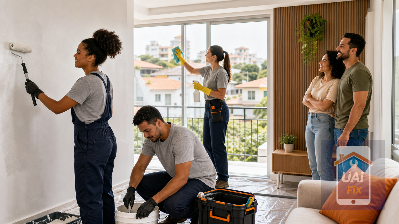 Equipe UAI Fix realizando pintura e limpeza de vidros