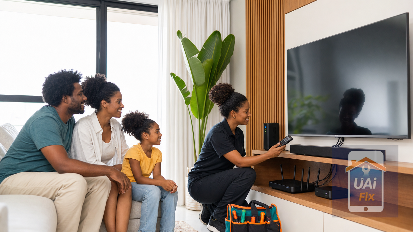 Equipe UAI Fix personalizando TV, som e internet para uma família negra